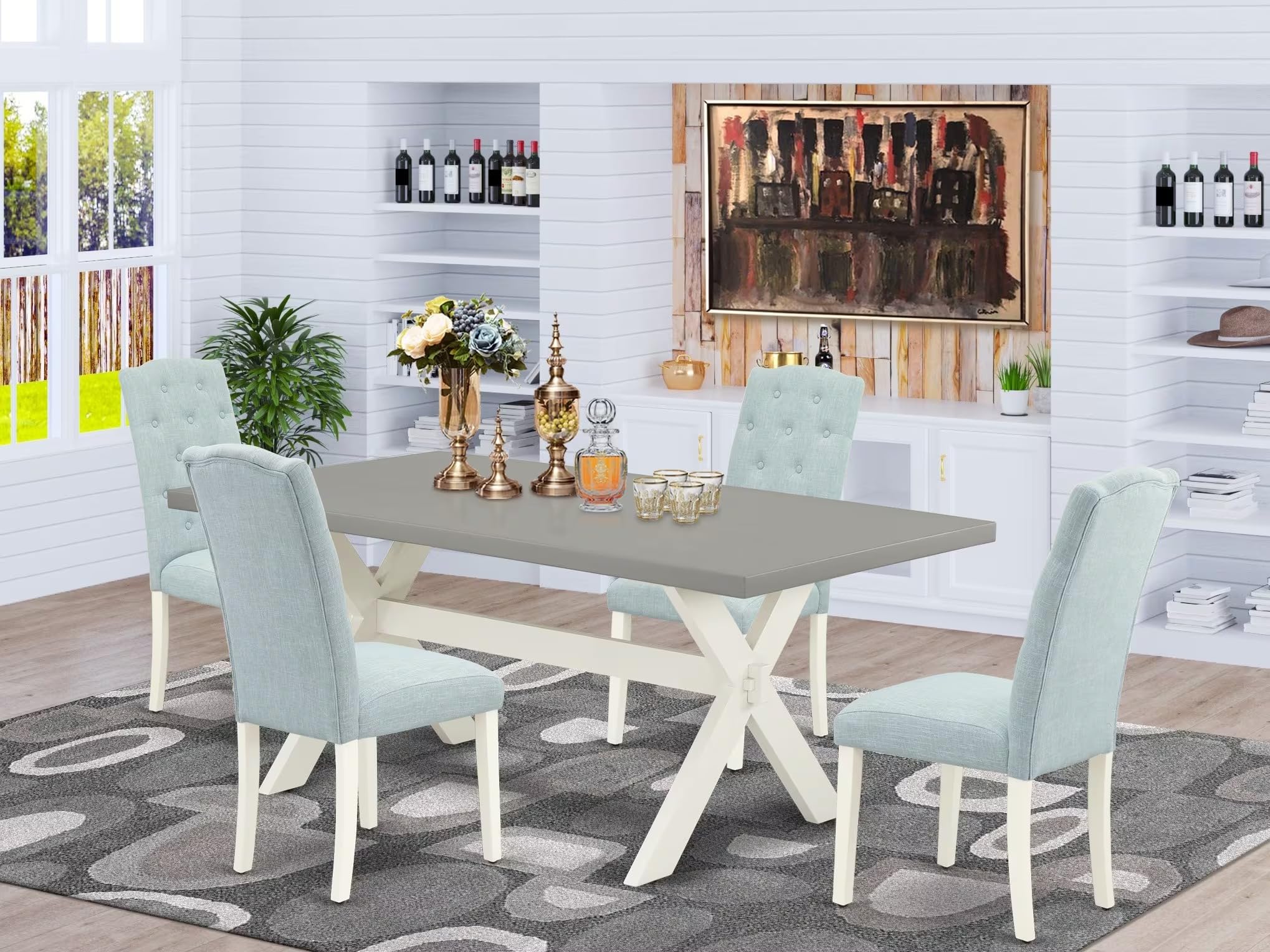 East West Furniture X097Ce215-5 5 Piece Dining Room Table Set Includes A Rectangle Dining Table With X-Legs And 4 Baby Blue Linen Fabric Upholstered Parson Chairs, 40X72 Inch, Multi-Color